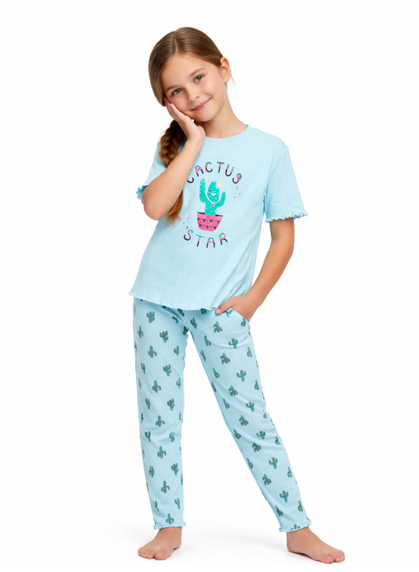 victor and jane Girls’ Pajama Set – “Cactus Star” Frill Sleeve Top & Printed Pants